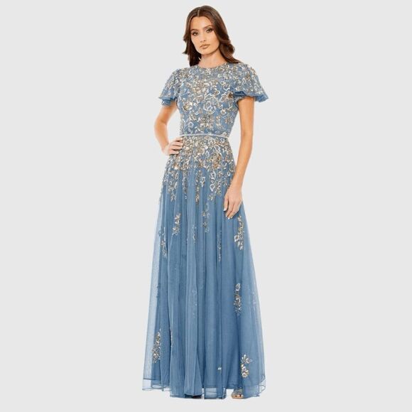 Mac Duggal 5717 Blue Embellished Butterfly Sleeve High Neck Gown Blue 10 - Picture 2 of 13